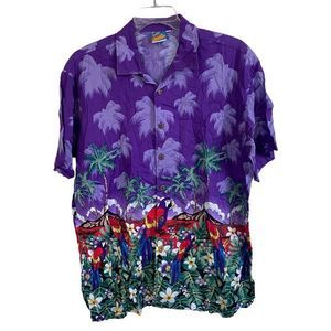 True Face Hawaiian Shirt 2XL XXL Macaw Parrot Palm Trees Short Sleeve Button-Up